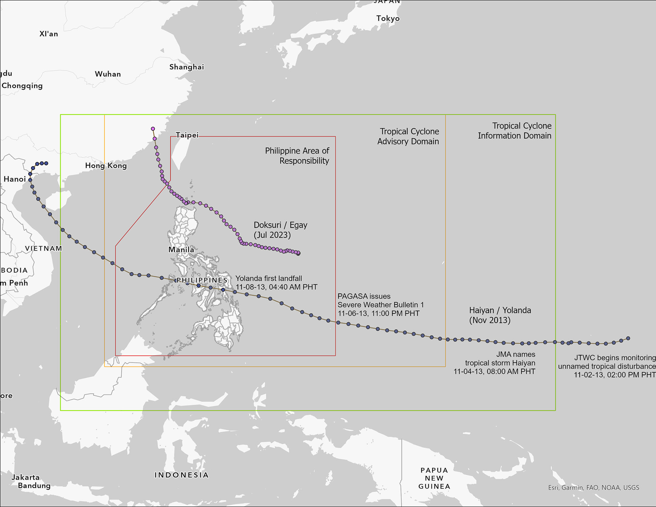 Meteorological history of Haiyan/Yolanda and PAGASA’s forecasting domains (Philippine Area of Responsibility, Tropical Cyclone Advisory Domain, Tropical Cyclone Information Domain); Doksuri/Egay also shown for context. Acronyms: JTWC- Joint Typhoon Warning Center, JMA- Japan Meteorological Agency, PAGASA- Philippine Atmospheric, Geophysical, and Astronomical Services Administration. PHT- Philippine Time. (Data source: NOAA IBTrACS)